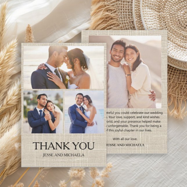 Linen Design Wedding 4 Foto Collage Vielen Dank Dankeskarte (Linen 4-photo collage wedding Thank You card)
