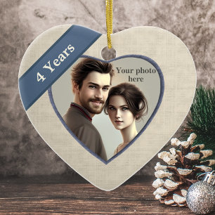 Linen Look 4. Geburtstag (blau): Fügen Sie ein Fot Keramik Ornament