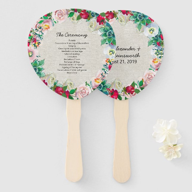 Linen Look Blumenzauber Hochzeitsprogramm Fan Fächer (Vorne und Hinten)