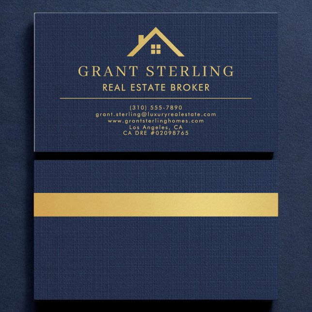 Linen Navy Blue Gold House Real Estate Broker  Visitenkarte (Von Creator hochgeladen)
