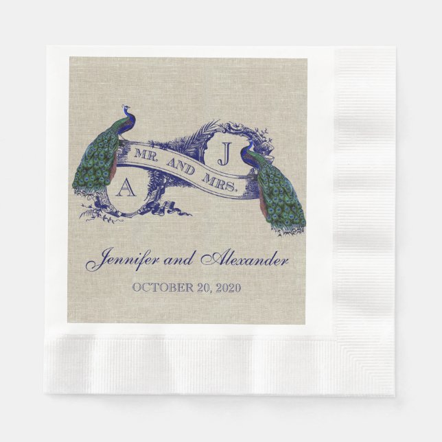 Linen Peacock Rustikales Hochzeitspapier Napkins Serviette (Vorderseite)