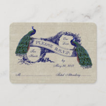 Linen Peacocks Rustic Wedding RSVP Cards