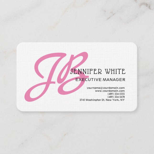 Linen Pink Monogram White Modern Feminine Visitenkarte (Vorderseite)