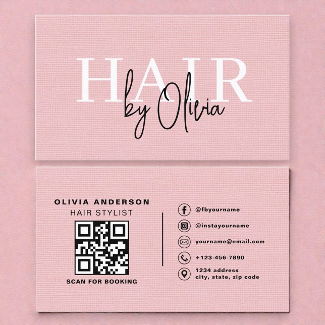 Linen-QR-Code-Friseur in rosa Typografie  Visitenkarte (Von Creator hochgeladen)