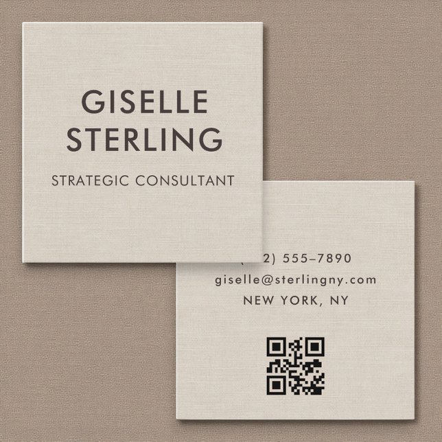 Linen QR Code Modern Minimal Typography  Quadratische Visitenkarte (Von Creator hochgeladen)