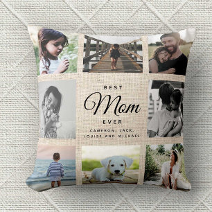 Linen Rustic Mother's Day Mom Family Photo Collage Kissen