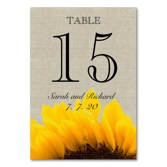 Linen Sunflower Rustic Wedding Tischnummer Card (Vorderseite)