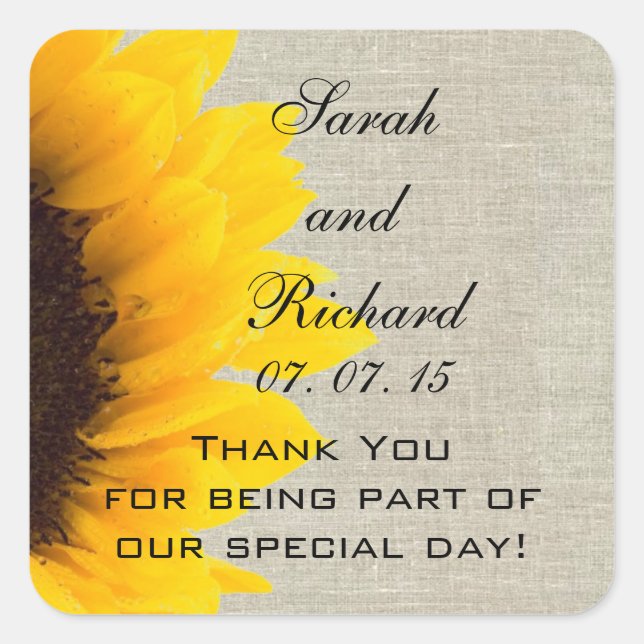 Linen Sunflower Vielen Dank Gastgeschenk Hochzeit Quadratischer Aufkleber (Vorderseite)