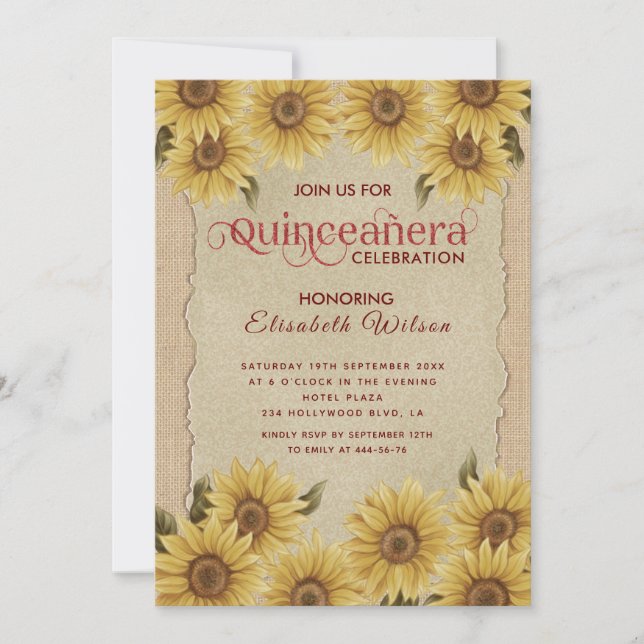 Linen Vintage romantische Sonnenblume Quinceañera Einladung (Vorderseite)
