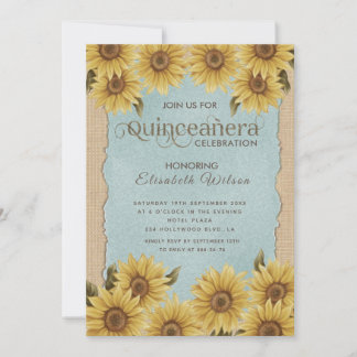 Linen Vintage Sonnenblume Blau Quinceañera Einladung