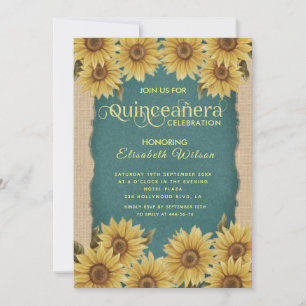 Linen Vintage Sonnenblume Türkis Quinceañera Einladung