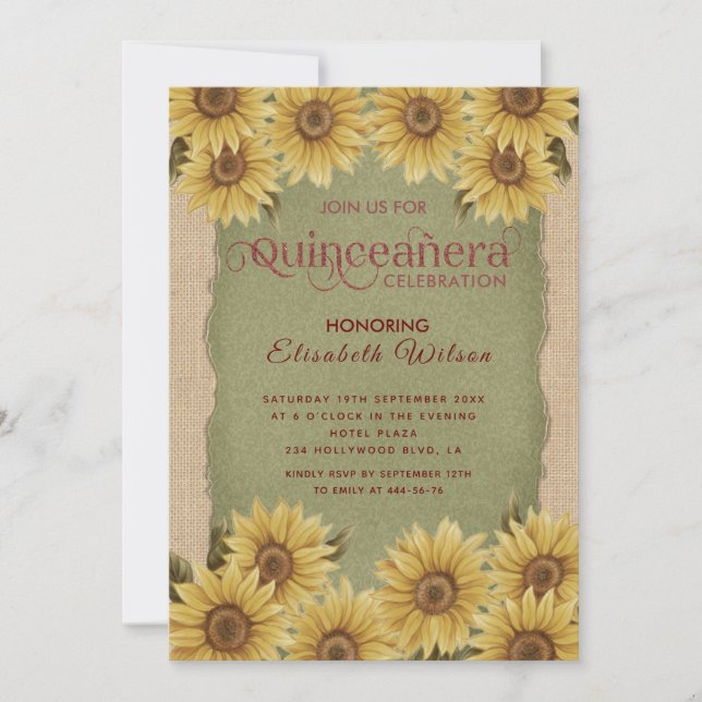Linen Vintage Sonnenblumengrün Quinceañera Einladung (Vorderseite)