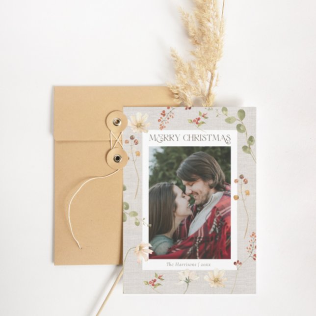 Linen Watercolor Floral Merry Christmas Feiertagskarte (Von Creator hochgeladen)