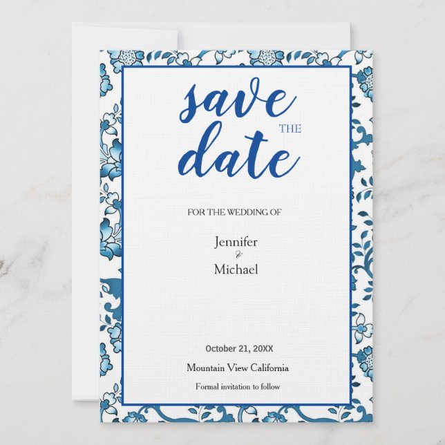 Linen Wedding Floral Blue White Rett Date Save The Date (Vorderseite)