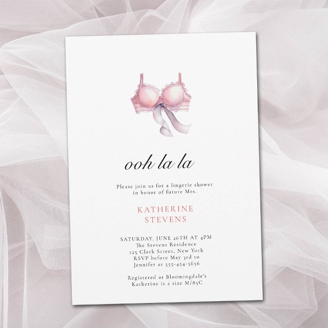 Lingerie Party Ooh La Ribbon Brautparty Einladung (lingerie party invitation bridal pink bra black ribbon watercolor pretty illustration minimalist )