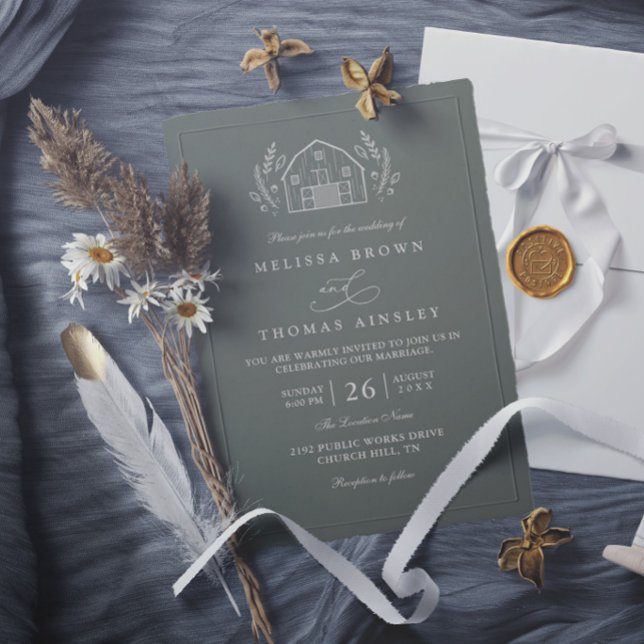 Liniendesign Rustikale Scheune Salbeigrün Elegante Einladung (Von Creator hochgeladen)