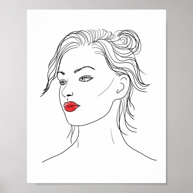 Liniengrafiken | Frau in Rotem Lipstick Poster (Vorne)