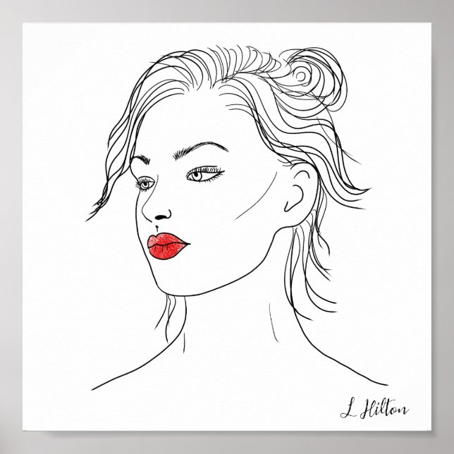 Liniengrafiken | Frau in Rotem Lipstick Poster (Vorne)