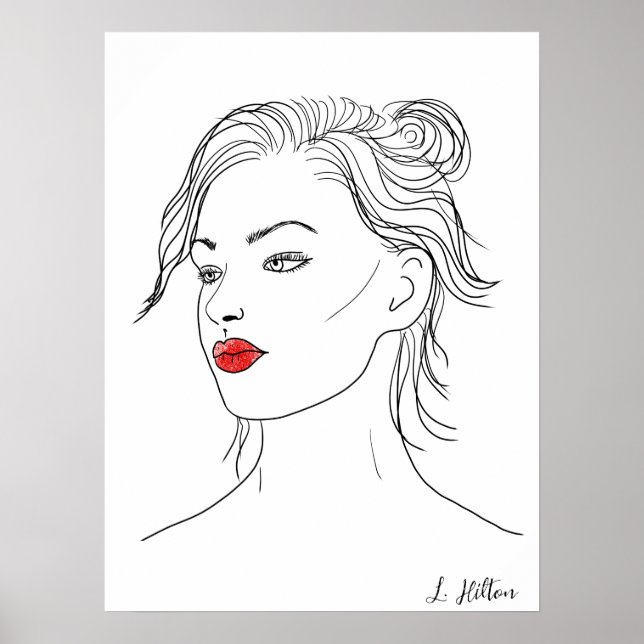 Liniengrafiken | Frau in Rotem Lipstick Poster (Vorne)