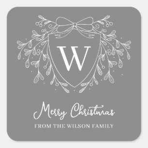 Linienkunst-Mistelzweig grau & weißes Weihnachtswa Quadratischer Aufkleber