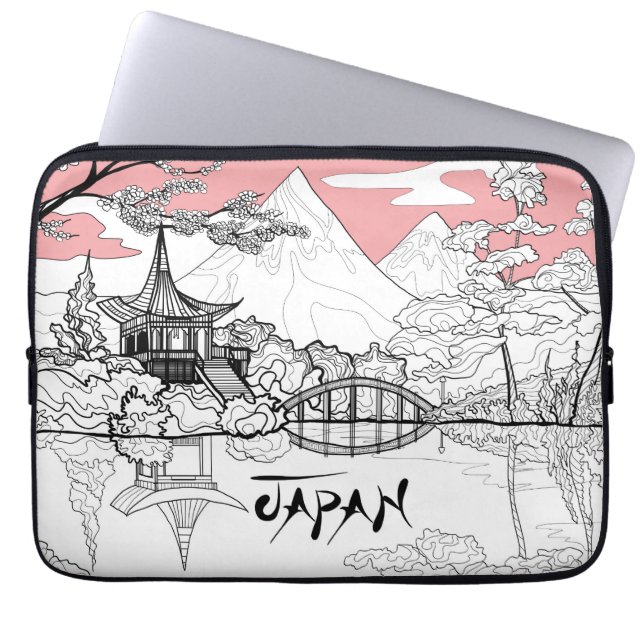 Linienmalerei des japanischen Tempelsees Laptopschutzhülle (Vorderseite)