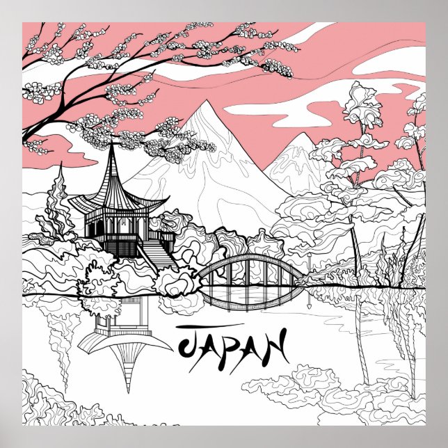 Linienmalerei des japanischen Tempelsees Poster (Vorne)