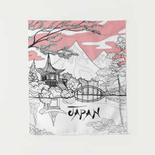 Linienmalerei des Japanischen Tempelsees Wandteppich