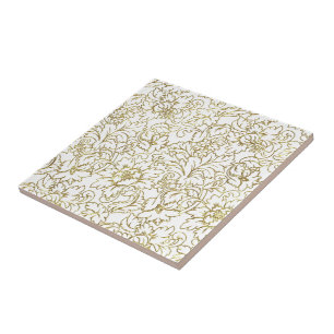 Linienzeichnung Goldene Blumen Damast auf weißem H Fliese