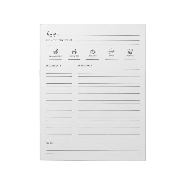 Linierte Minimalistische moderne Rezept-Sheet-Cook Notizblock (Rotiert)