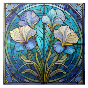 Links floral Iris Art Nouveau Blue Green Retro Fliese