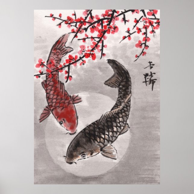 LinLi Chinesische Aquarellkunst Print - KOI Fisch  Poster (Vorne)
