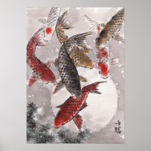 LinLi Chinesische Aquarellkunst Print - KOI Fisch Poster