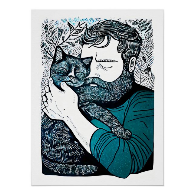 Linocut Bearded Man hält eine Katze Poster (Vorderseite)