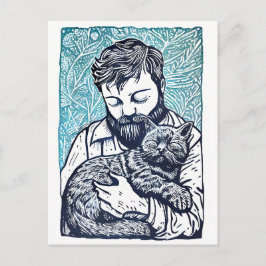 Linocut Bearded Man hält eine Katze Postkarte