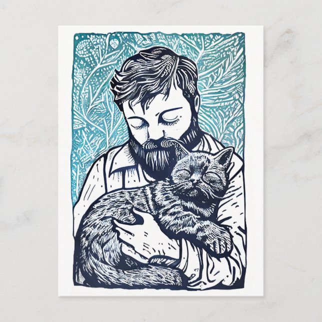 Linocut Bearded Man hält eine Katze Postkarte (Vorderseite)
