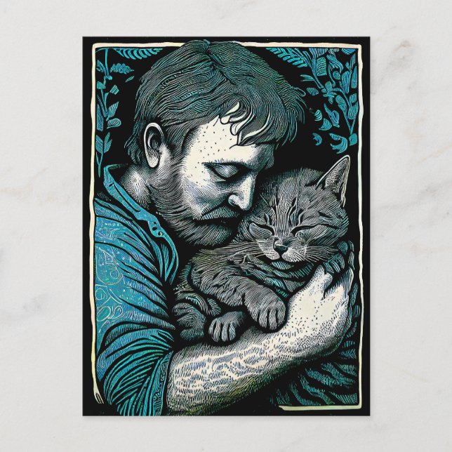 Linocut Bearded Man hält eine Katze Postkarte (Vorderseite)