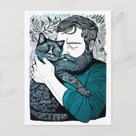 Linocut Bearded Man hält eine Katze Postkarte