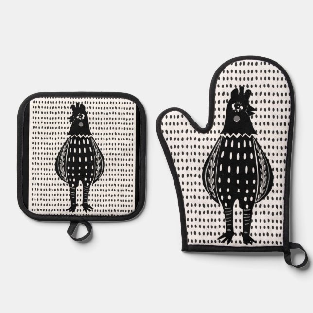 Linocut Chicken Ofenhandschuh & Topflappen-Set (Vorderseite)