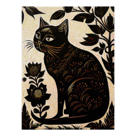 Linocut einer schwarzen Katze unter Blume Poster