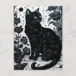 Linocut einer schwarzen Katze unter Blume Postkarte