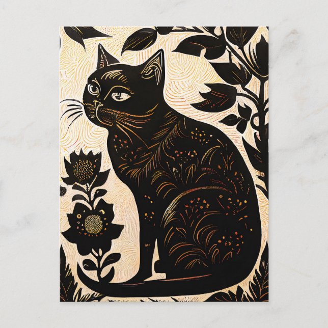 Linocut einer schwarzen Katze unter Blume Postkarte (Vorderseite)
