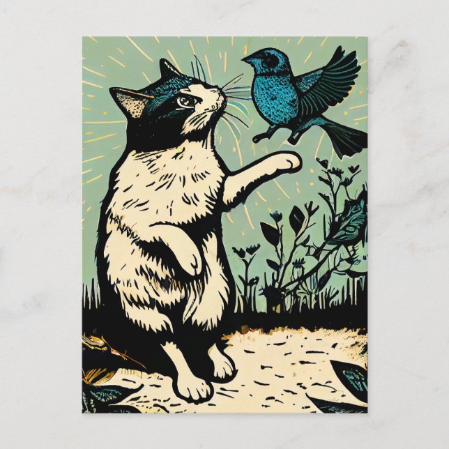 Linocut Katze Versuch einen Vogel zu fangen Postkarte (Vorderseite)