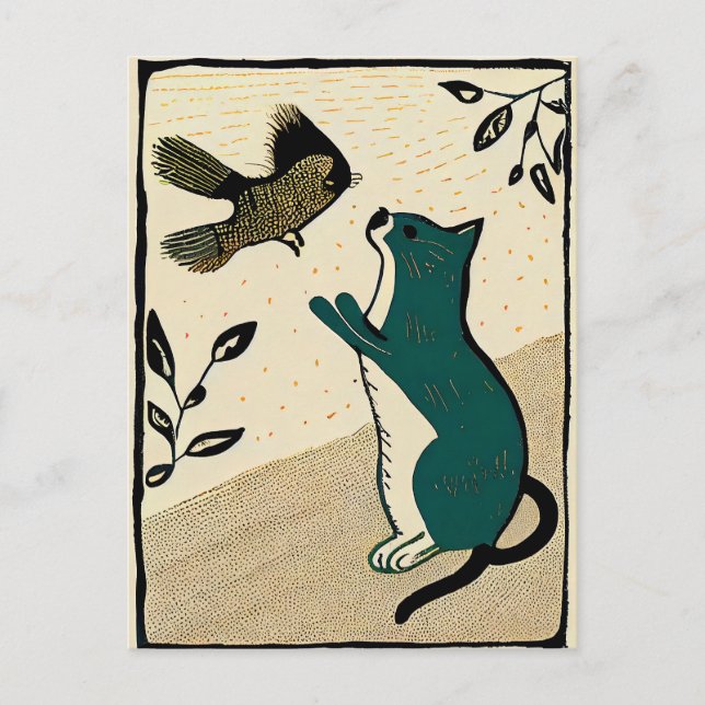 Linocut Katze Versuch einen Vogel zu fangen Postkarte (Vorderseite)