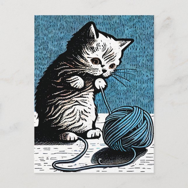 Linocut Kitten Spielen mit einem Ball aus Garn Postkarte (Vorderseite)