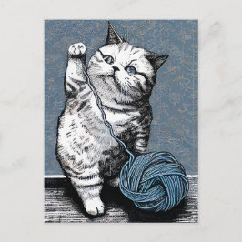 Linocut Kitten Spielen mit einem Ball aus Garn Postkarte