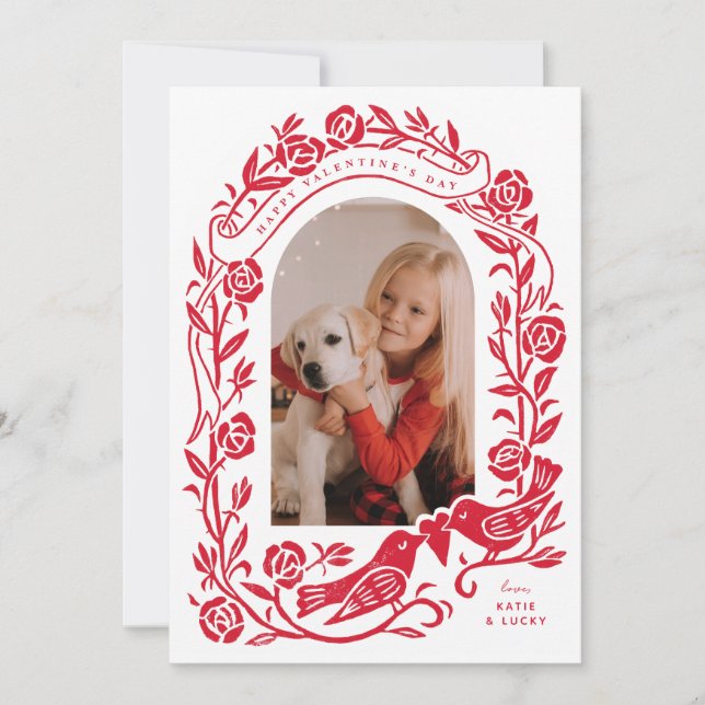 Linocut-Lovebirds und Rose gewölbte Foto-Design (Vorderseite)