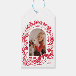 Linocut-Lovebirds und Rose gewölbte Foto-Design Geschenkanhänger