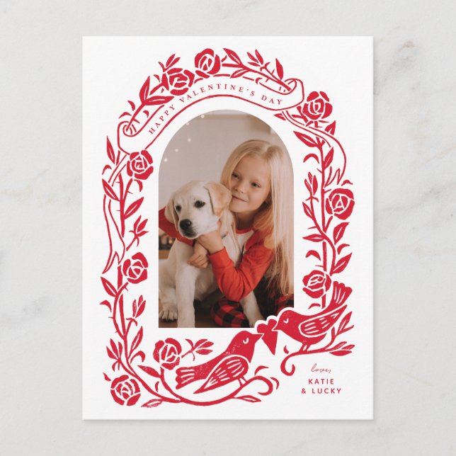 Linocut-Lovebirds und Rose gewölbte Foto-Design Postkarte (Vorderseite)