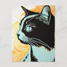 Linocut-Portrait einer Katze im Profil