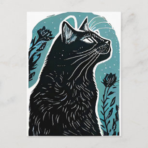 Linocut-Portrait einer Katze im Profil Postkarte